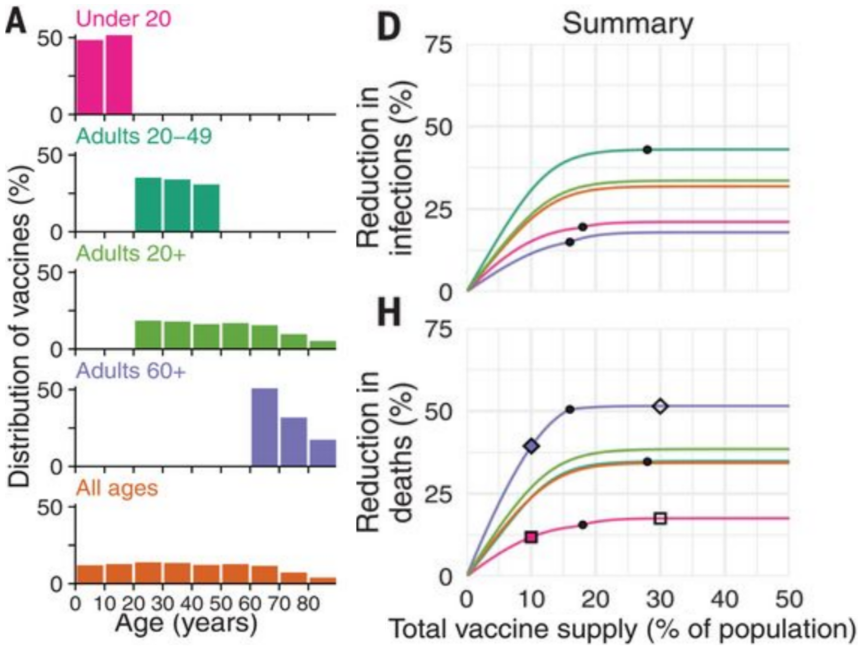 Modified Bubar et al. 2021 figure: panels comparing COVID-19 case and death reductions under age-based vaccination strategies
